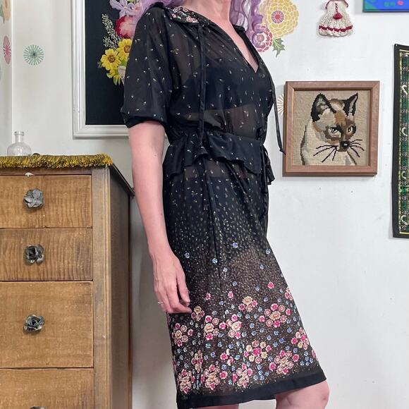 Vintage Sheer Black Floral Dress, 1970s Bohemian Fairycore Flower Print, Sz S - Picture 6 of 11